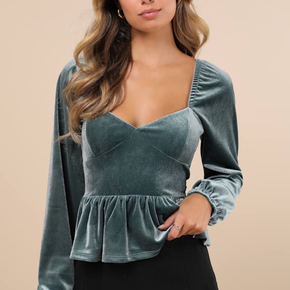 Lulus Marvelously Sweet Sage Blue Velvet Long Sleeve Peplum Top - Size M